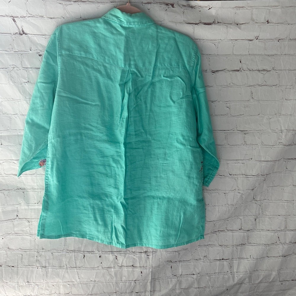David N 100% Linen Seafoam Green Embroidered Colorful Peacock Blouse L - Picture 2 of 12